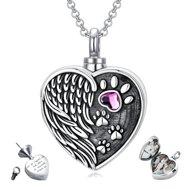 Sterling Silver Heart Shaped Crystal Paw & Angel Wing & Heart Urn Necklace for Ashes-5