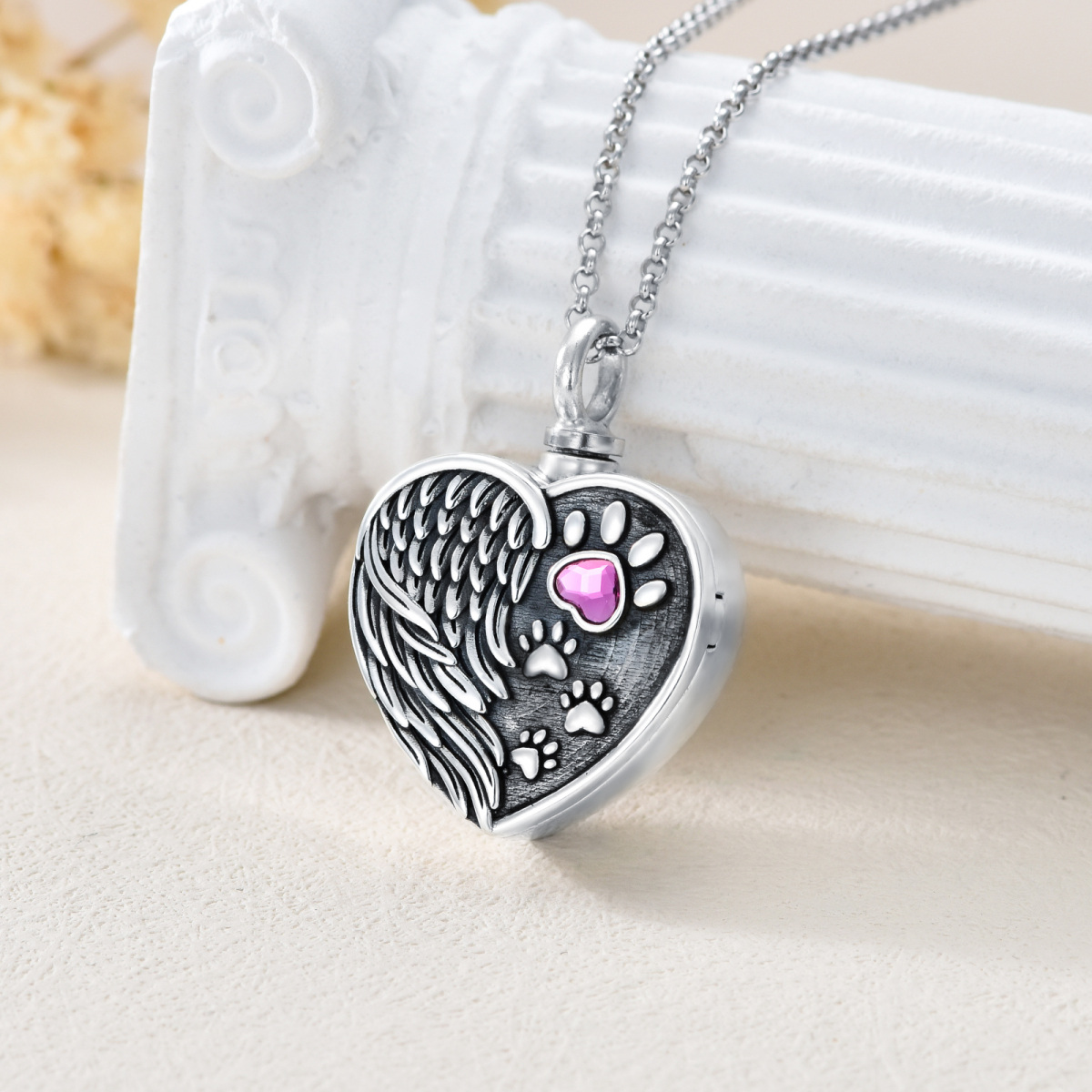 Collar de plata de ley con forma de corazón y cristal con ala de ángel y foto personalizada, urna para cenizas para mujer-3