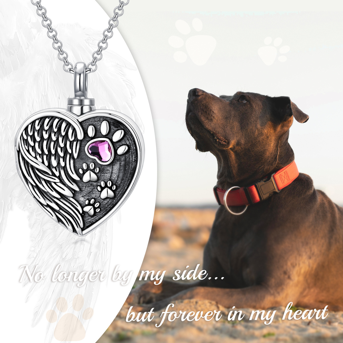 Sterling Silver Heart Crystal Paw With Angel Wing With Personalized Photo Locket Urn Necklace For Ashes For Women-4