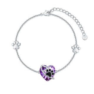 Sterling Silver Heart Crystal With Zircon Paw Pendant Bracelet For Women-3