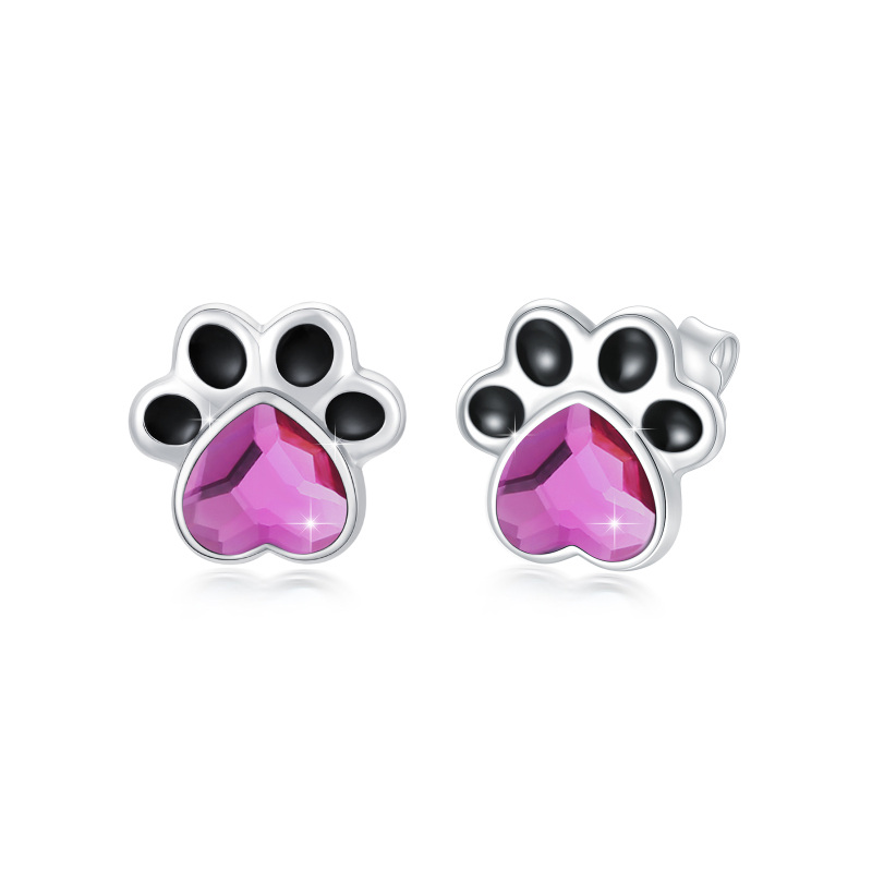 Sterling Silver Heart Shaped Crystal Paw Stud Earrings-8