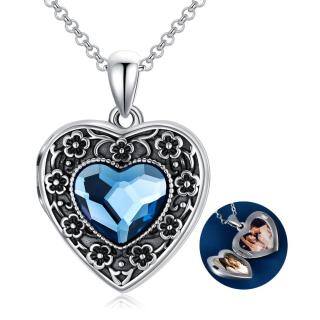 Sterling Silver Heart Shaped Crystal Peach Blossom Personalized Photo Locket Necklace with Engraved Word-60