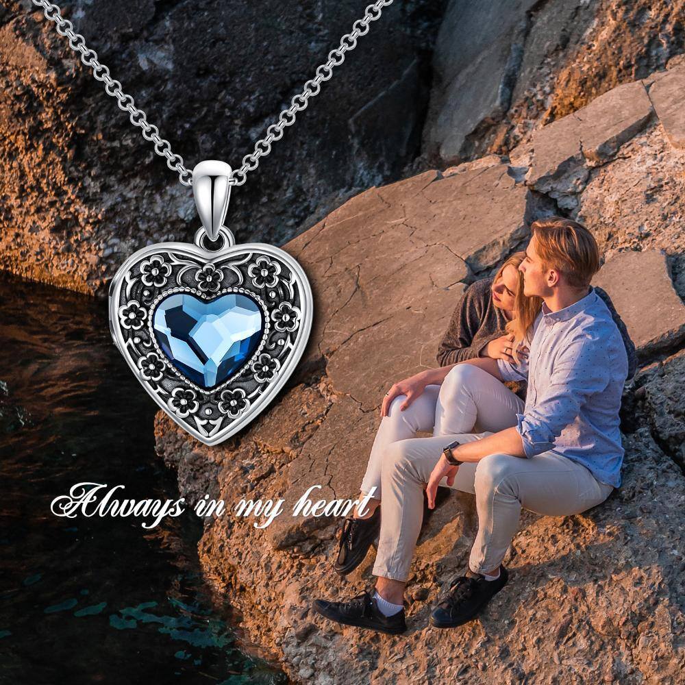 Sterling Silver Heart Shaped Crystal Peach Blossom Personalized Photo Locket Necklace with Engraved Word-4