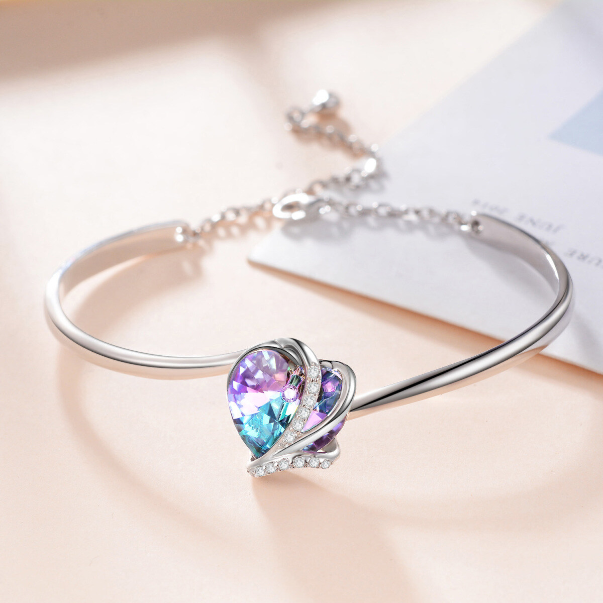 Sterling Silver Heart Crystal Pendant Bangle For Women-3