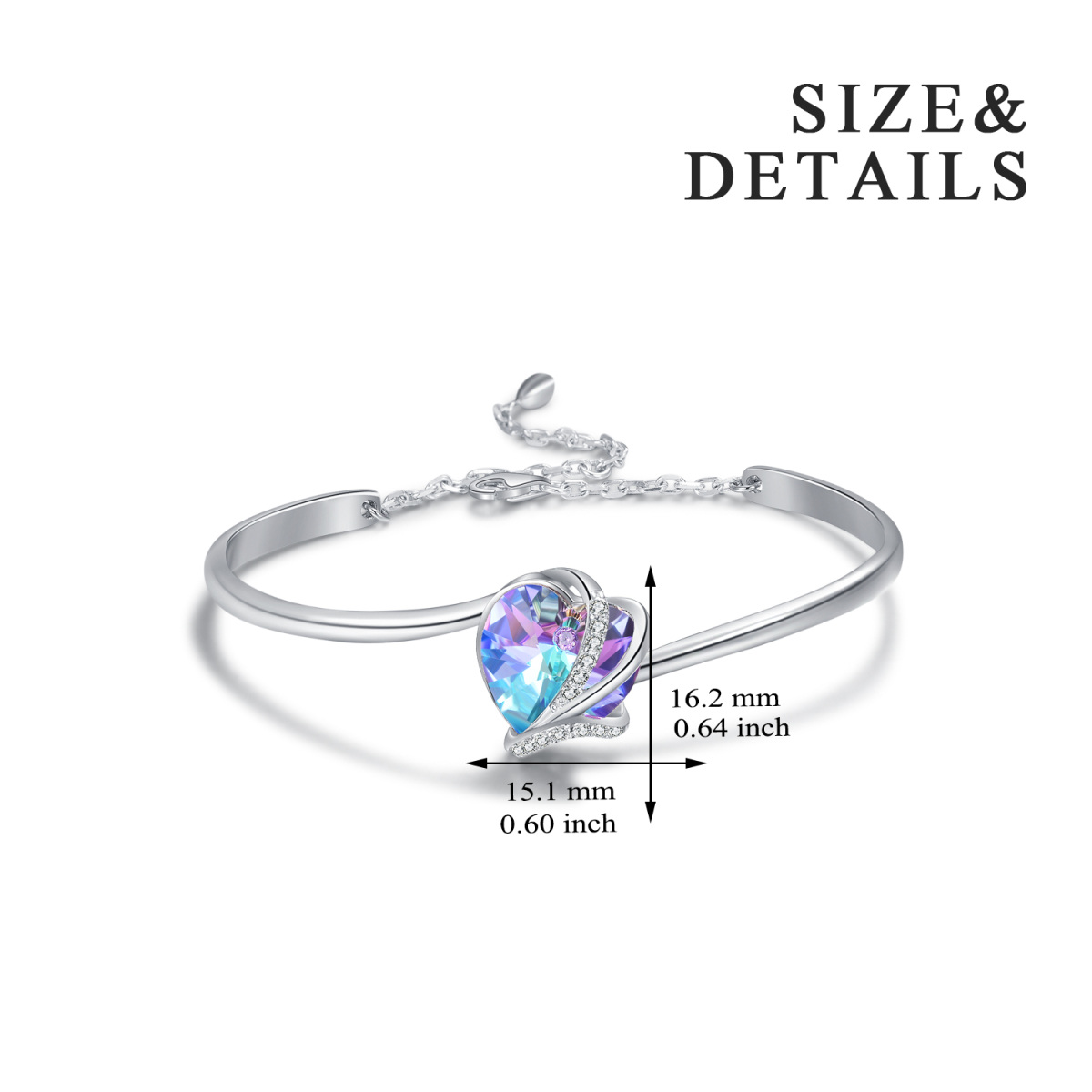 Sterling Silver Heart Crystal Pendant Bangle For Women-5