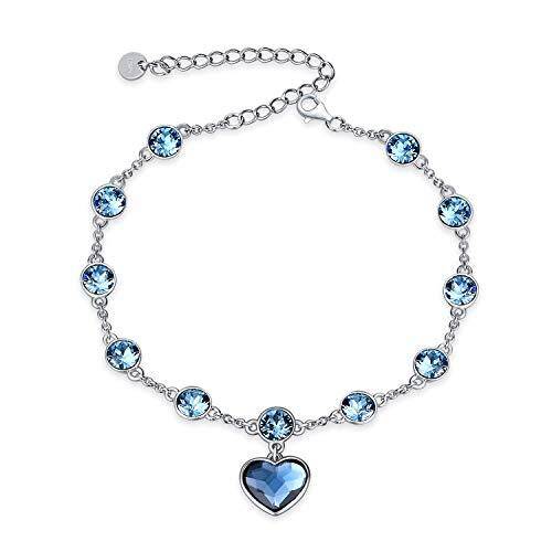 Sterling Silver Ocean Blue Crystal Heart Pendant Bead Station Bracelet-1