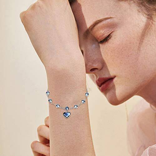 Sterling Silver Ocean Blue Crystal Heart Pendant Bead Station Bracelet-2