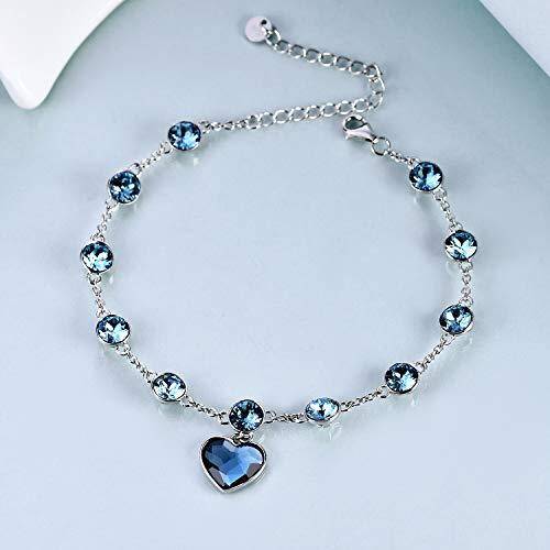 Sterling Silver Ocean Blue Crystal Heart Pendant Bead Station Bracelet-3