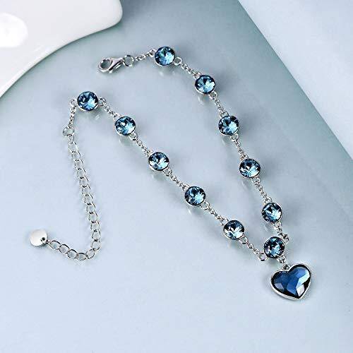 Sterling Silver Ocean Blue Crystal Heart Pendant Bead Station Bracelet-4