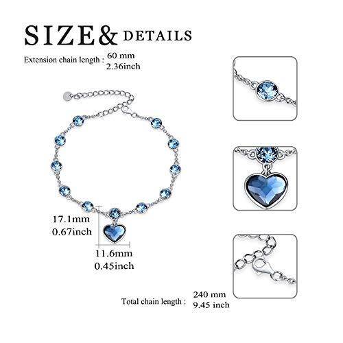 Sterling Silver Ocean Blue Crystal Heart Pendant Bead Station Bracelet-5