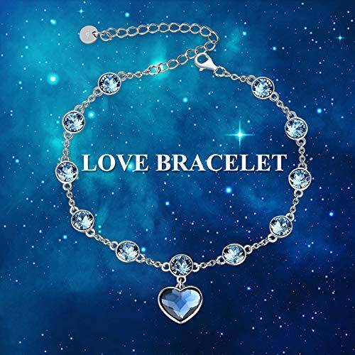 Sterling Silver Ocean Blue Crystal Heart Pendant Bead Station Bracelet-6