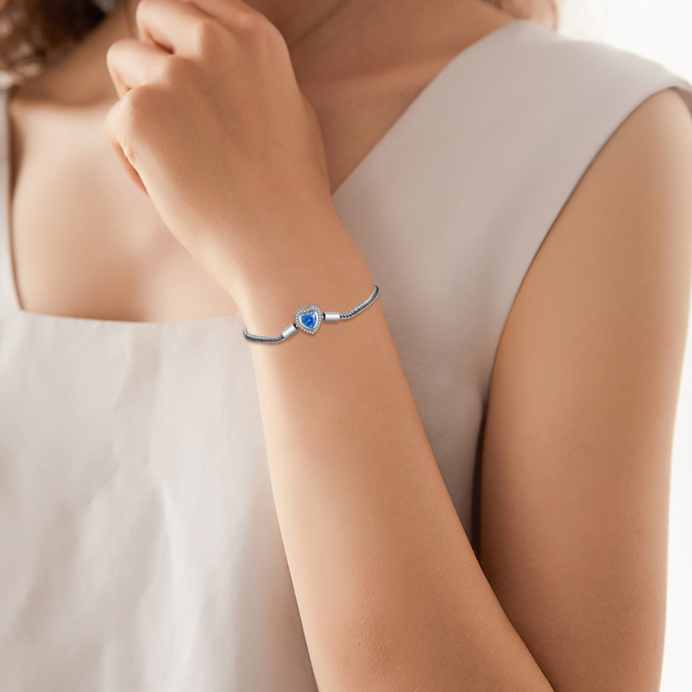 Pulseira com pingente de coração de cristal em forma de coração de prata esterlina-2