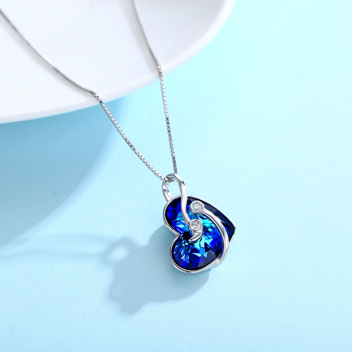 Sterling Silver Semicolon Perotect Heart Blue Crystal Necklace-3