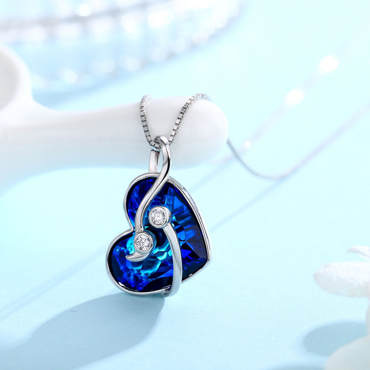 Sterling Silver Semicolon Perotect Heart Blue Crystal Necklace-4