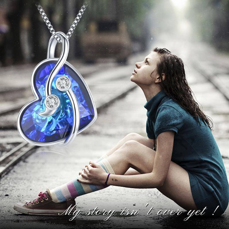 Sterling Silver Semicolon Perotect Heart Blue Crystal Necklace-6