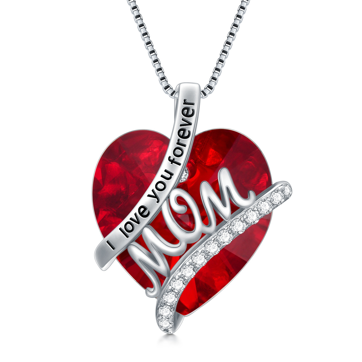 Sterling Silver Heart Crystal January Birthstone Pendant Necklace With Engraved Word For Mother-1