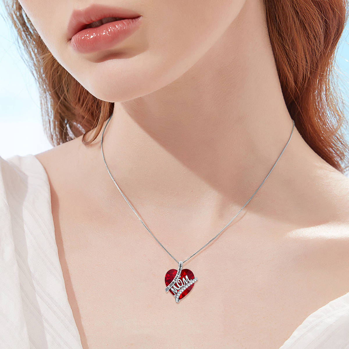 Sterling Silver Heart Crystal January Birthstone Pendant Necklace With Engraved Word For Mother-4