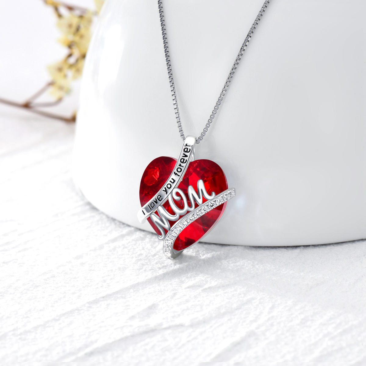 Sterling Silver Heart Crystal January Birthstone Pendant Necklace With Engraved Word For Mother-6