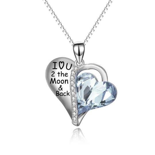 Sterling Silver Heart Shaped Crystal Heart Pendant Necklace with Engraved Word