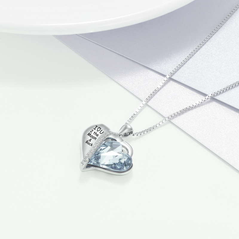 Sterling Silver Heart Crystal Heart Pendant Necklace With Engraved Word For Women-3