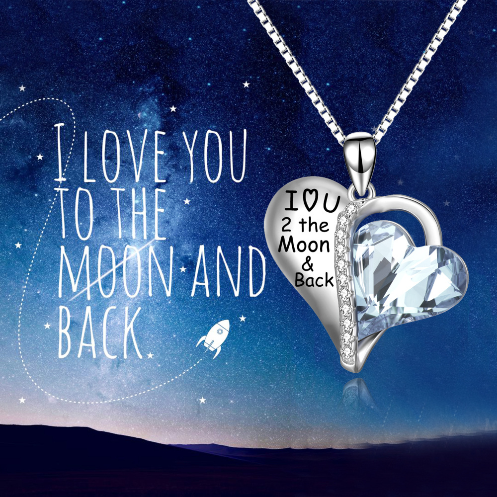 Sterling Silver Heart Crystal Heart Pendant Necklace With Engraved Word For Women-6