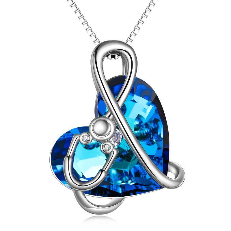 Sterling Silver Blue Heart Crystal Stethoscope Necklace Jewelry Gift For Nurses Doctors-1