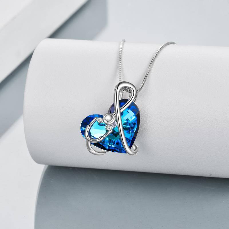 Sterling Silver Blue Heart Crystal Stethoscope Necklace Jewelry Gift For Nurses Doctors-3