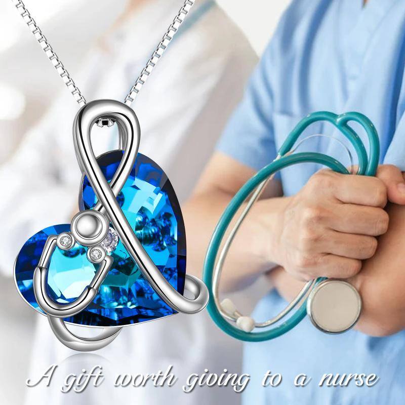 Sterling Silver Blue Heart Crystal Stethoscope Necklace Jewelry Gift For Nurses Doctors-6