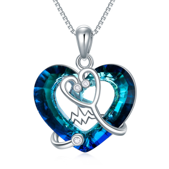 Sterling Silver Heart Shaped Heart Crystal Pendant Necklace