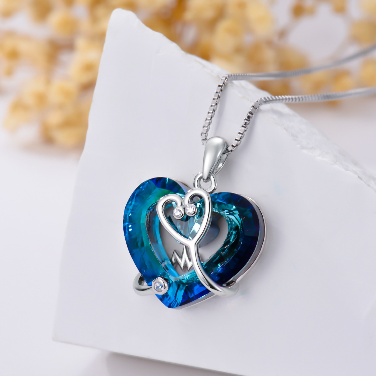 Estetoscopio de plata de ley con collar con colgante de cristal de corazón para mujer-2