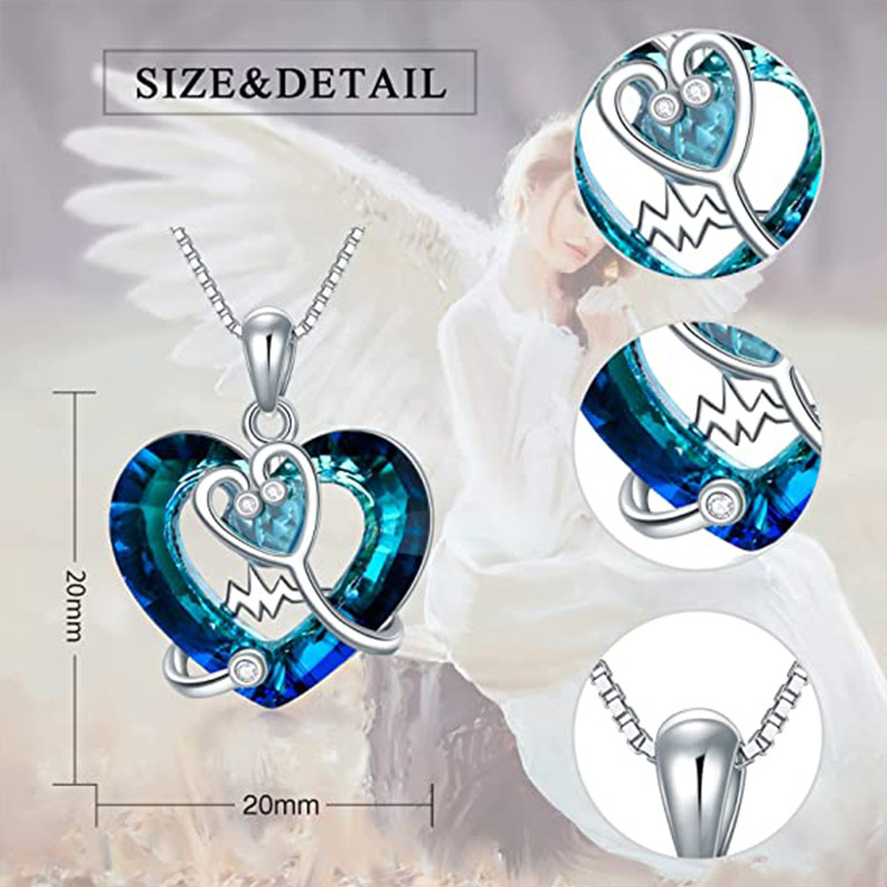 Estetoscopio de plata de ley con collar con colgante de cristal de corazón para mujer-4