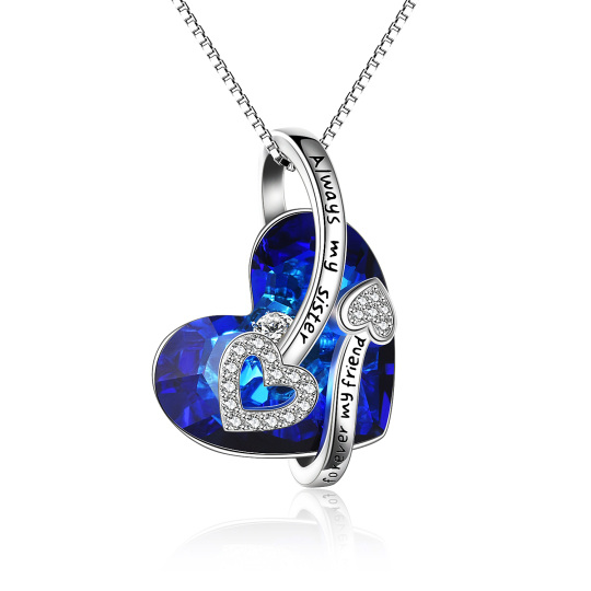 Sterling Silver Heart Shaped Heart Crystal Pendant Necklace with Engraved Word