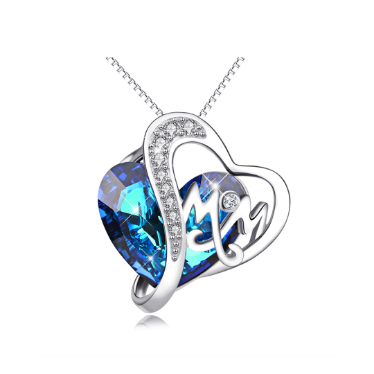 Sterling Silver Heart Shaped Heart Crystal Pendant Necklace with Engraved Word