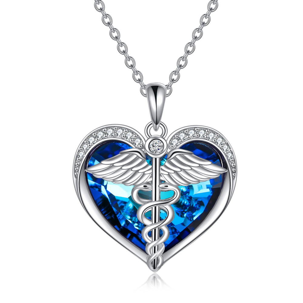 Sterling Silver Heart Snake & Feather Blue Crystal Pendant Necklace for Women-1