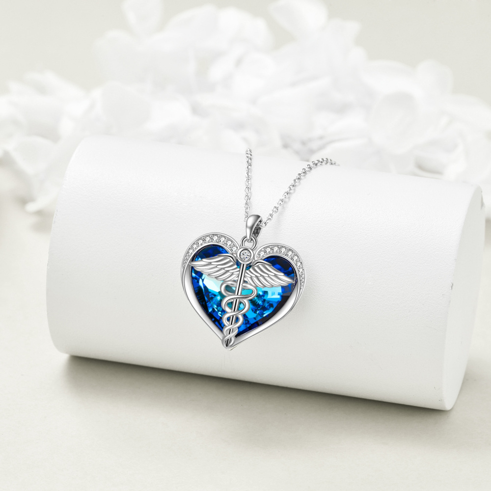 Sterling Silver Heart Snake & Feather Blue Crystal Pendant Necklace for Women-3