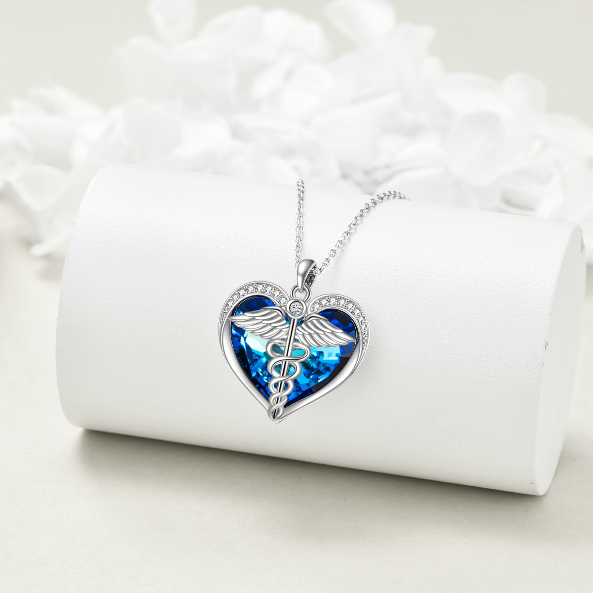 Collana con ciondolo a forma di cuore in argento sterling con serpente e piuma e cristallo blu per donna-3