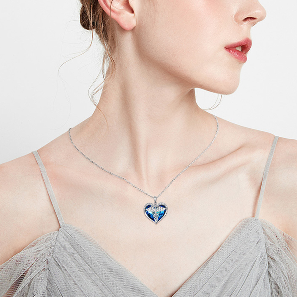 Sterling Silver Heart Snake & Feather Blue Crystal Pendant Necklace for Women-2