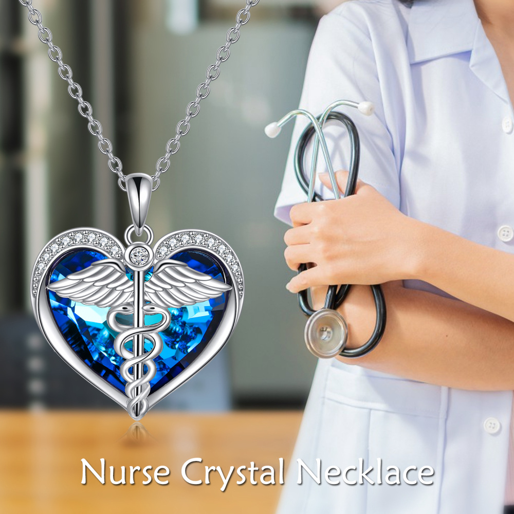 Sterling Silver Heart Snake & Feather Blue Crystal Pendant Necklace for Women-6