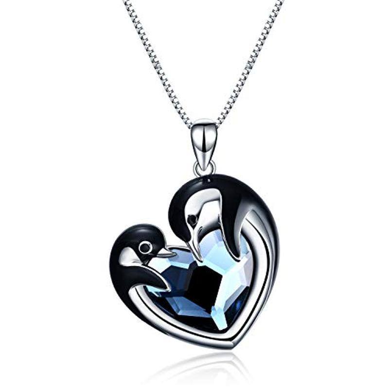 Collar con colgante de pingüino de plata de ley con forma de corazón y cristal para mujer-1