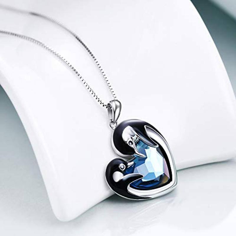 Collar con colgante de pingüino de plata de ley con forma de corazón y cristal para mujer-4