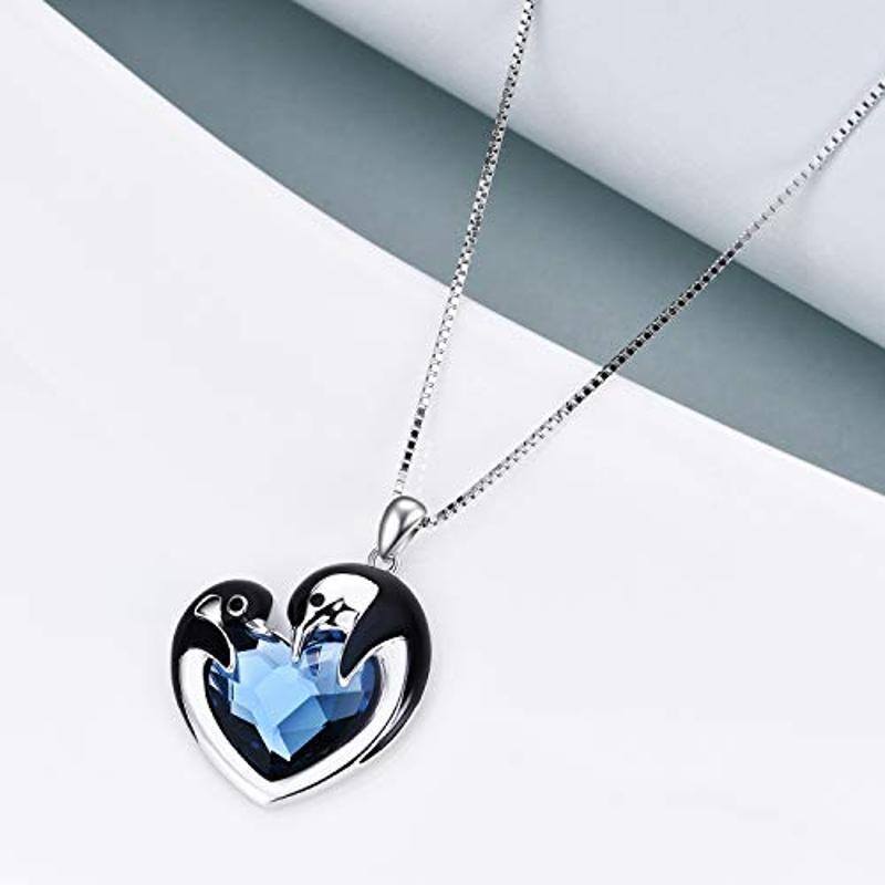 Collar con colgante de pingüino de plata de ley con forma de corazón y cristal para mujer-5