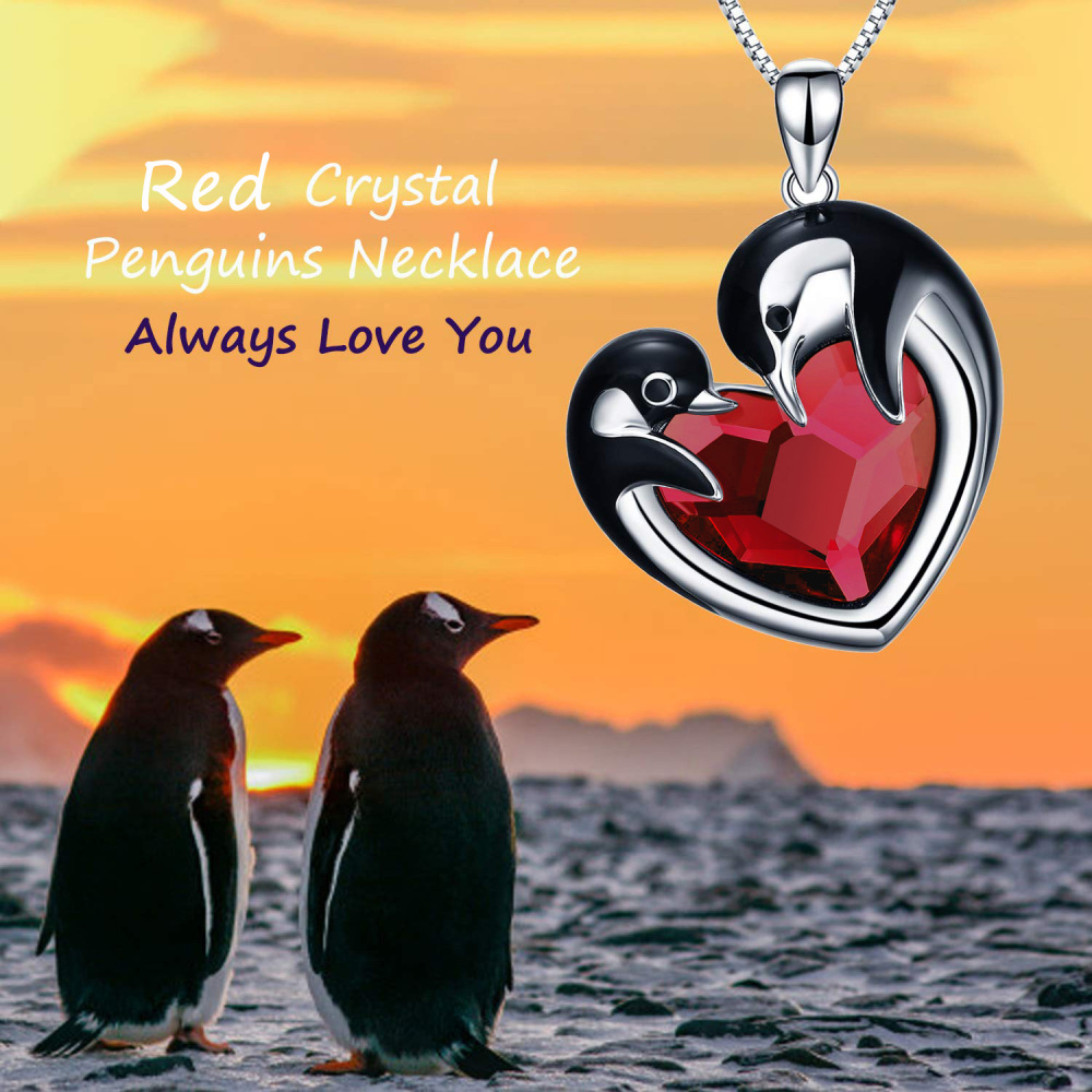 Collana da donna con ciondolo pinguino in cristallo a cuore in argento sterling-3