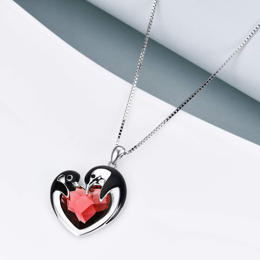 Collana da donna con ciondolo pinguino in cristallo a cuore in argento sterling-5
