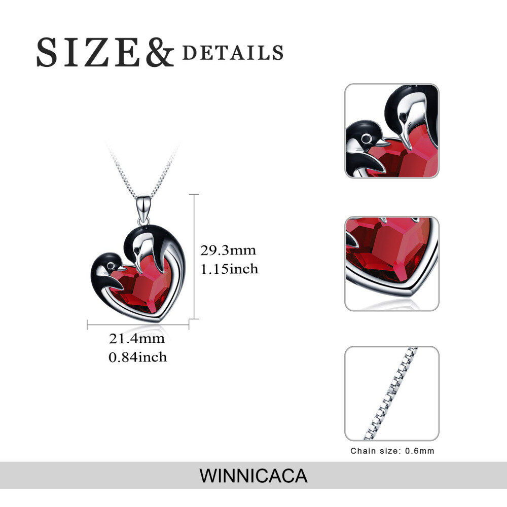 Collana da donna con ciondolo pinguino in cristallo a cuore in argento sterling-6
