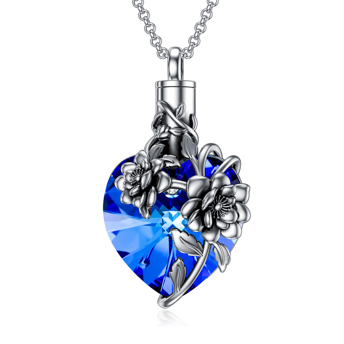 Sterling Silver Heart Shaped Crystal Peony Flower & Heart Urn Necklace for Ashes-1