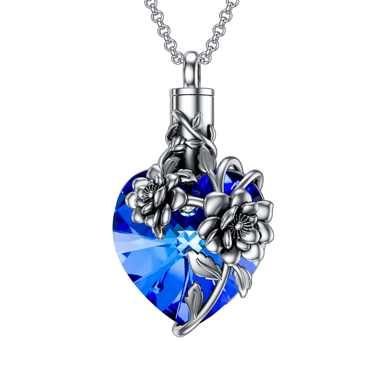 Plata de ley en forma de corazón de cristal Peonía Flor y Corazón Urna Collar para cenizas-3