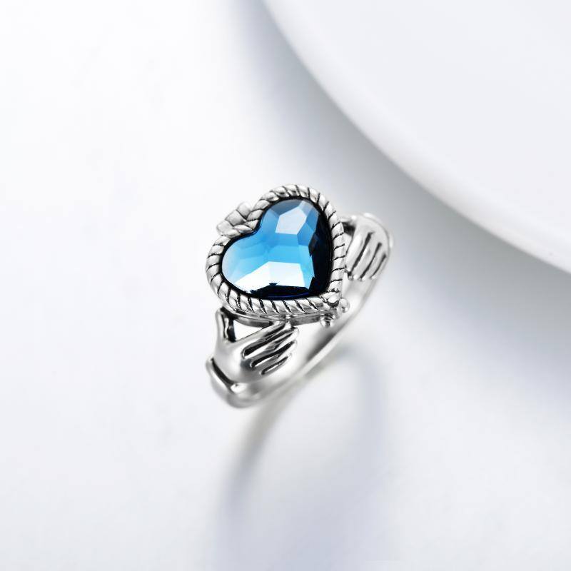 Sterling Silver Heart Shaped Crystal Personalized Photo & Angel Wing Ring-3