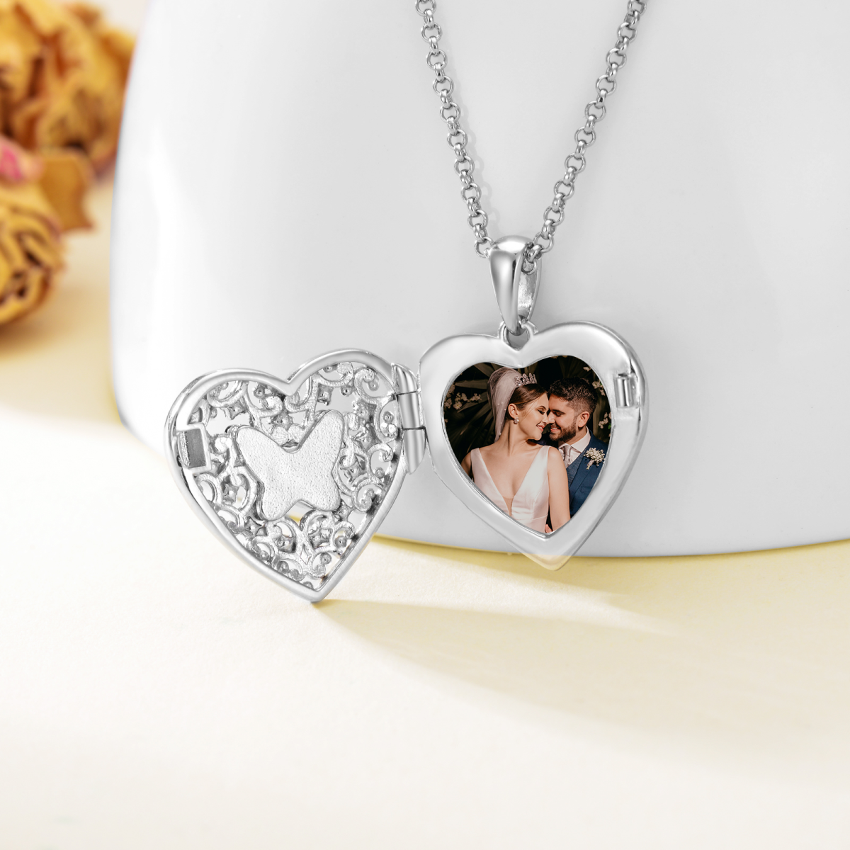 Sterling Silber lila Schmetterling Kristall Herz personalisierte Foto Medaillon Halskette für Frauen-2