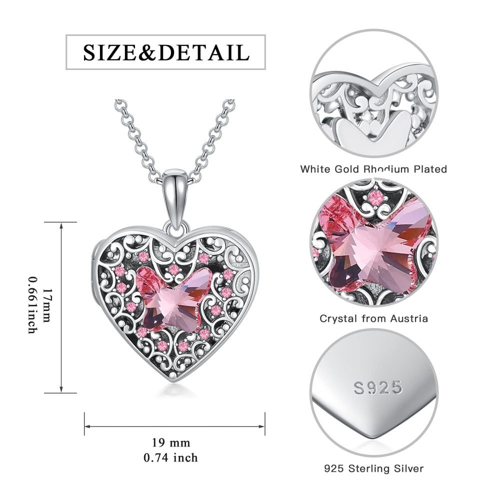 Sterling Silver Purple Butterfly Crystal Heart Personalized Photo Locket Necklace For Women-4