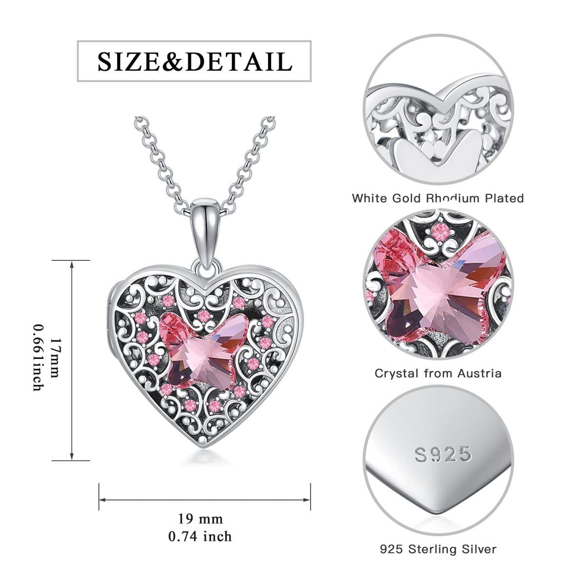 Sterling Silber lila Schmetterling Kristall Herz personalisierte Foto Medaillon Halskette für Frauen-4
